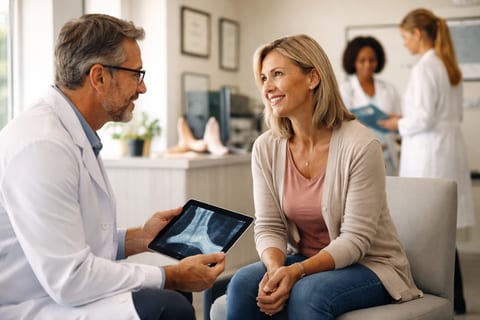 A physician reviewing an X-ray on a tablet with a patient