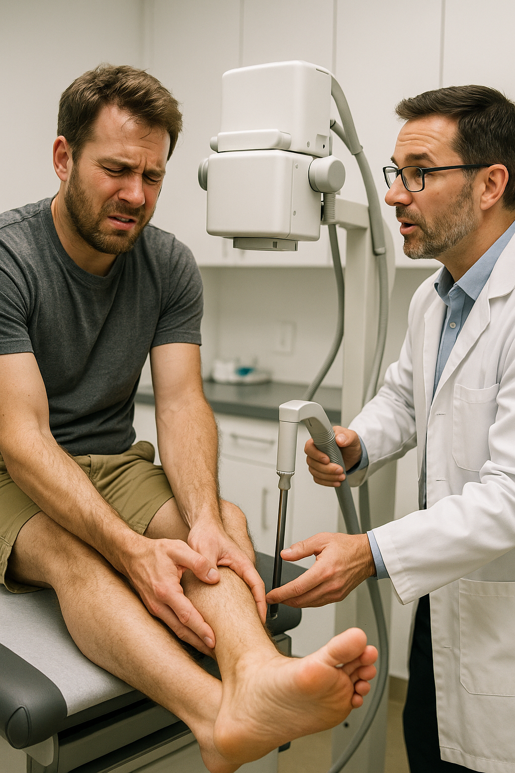 At Evolve Health, a podiatrist examines a patient holding his foot in pain while performing an X-ray to diagnose a possible foot fracture.
