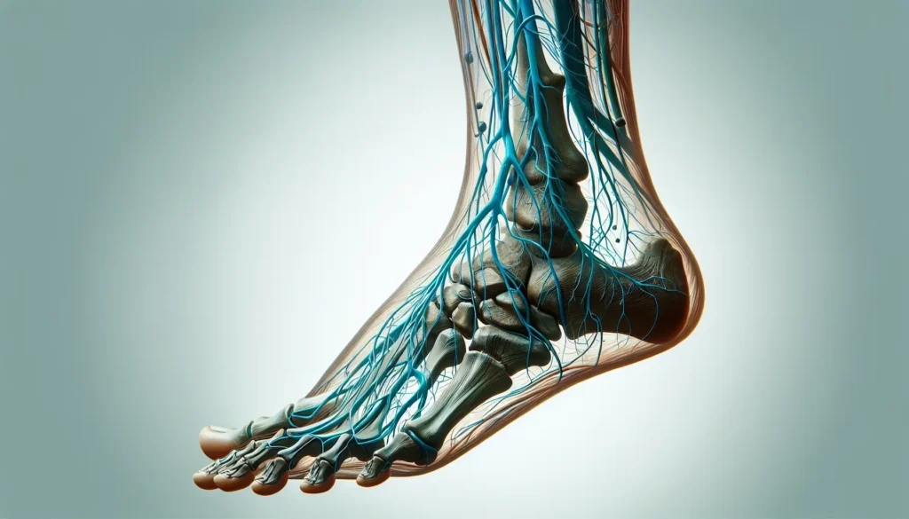 Diagram showing bunion formation on a foot, emphasizing hereditary factors and foot structure