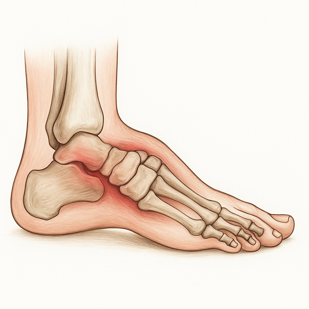 Medical illustration of Charcot foot showing midfoot bone collapse and inflammation, depicting diabetic neuropathy-related deformity without text.
