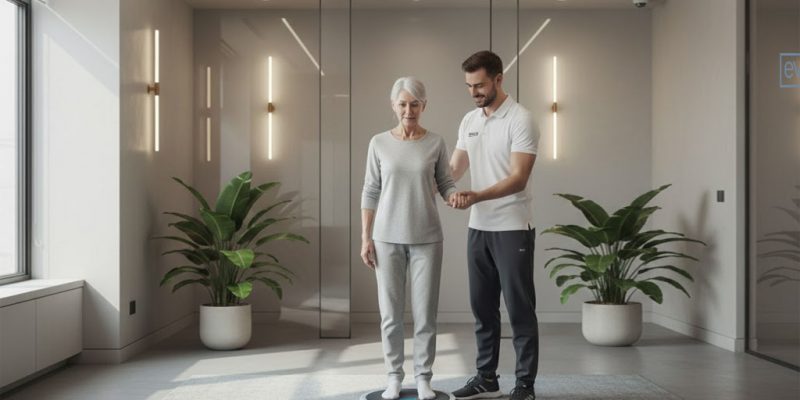 Physical therapist helping an older woman with balance training during rehabilitation at Evolve Health clinic in Florida.